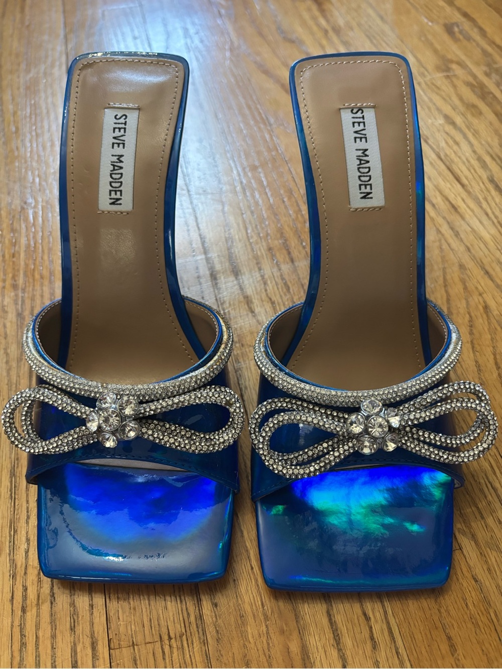 Steve Madden Iridescent Blue Crystal Bow Slide Heels